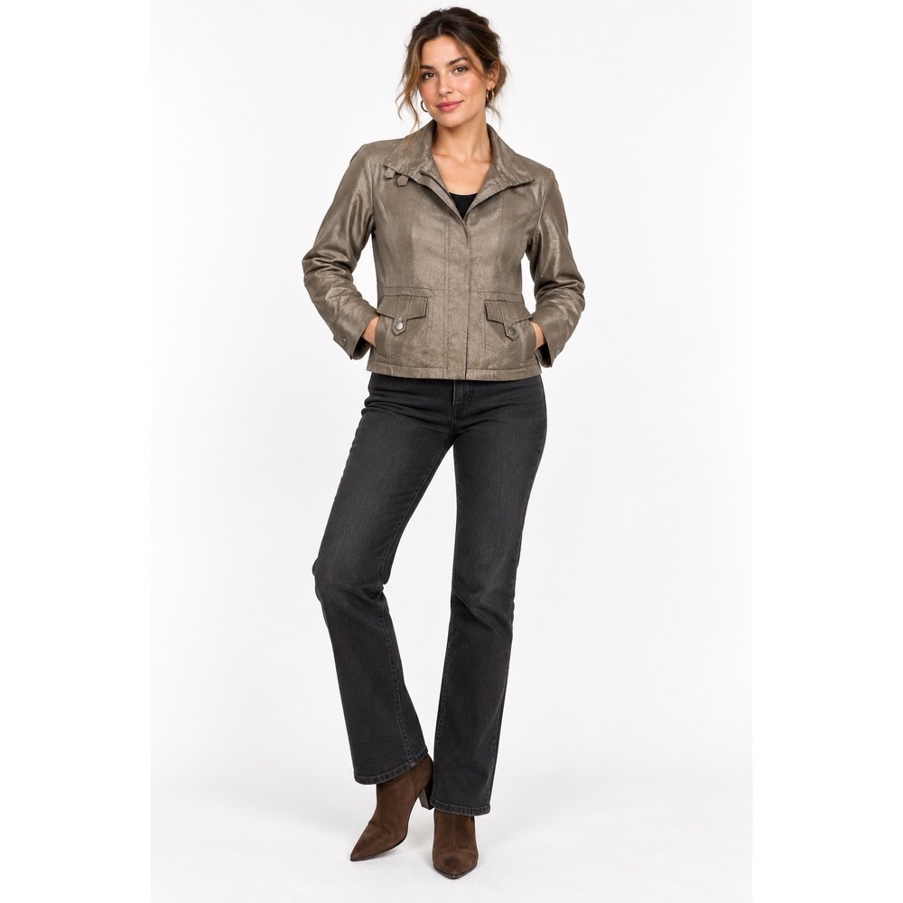 Metallic Taupe Shimmer Moto Jacket Womens 8 Apriori Fitted Zip Front Lined